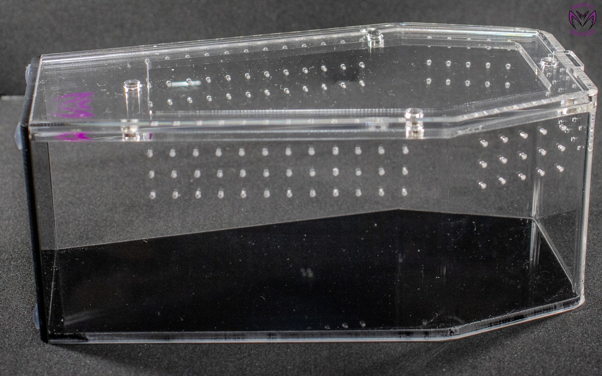 “Medium black coffin-shaped spider enclosure standing upright”

“Coffin-shaped jumping spider tank with front door open”

“Horizontal setup of coffin enclosure for terrestrial true spiders”

“Black and clear acrylic spider box with ventilation holes”