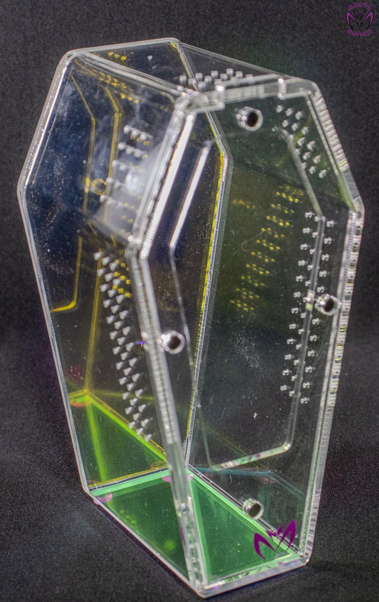 “Small rainbow coffin-shaped spider enclosure with front opening”

“Vertical clear coffin spider tank with rainbow base”

“Compact coffin enclosure for jumping spiders with ventilation”

“Reflective rainbow spider cube for arboreal invertebrates”