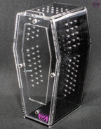 “Small black coffin spider enclosure with front-opening door”

“Vertical coffin enclosure for jumping spiders with black background”

“Compact coffin-shaped acrylic tank for arboreal inverts”

“Clear and black spider box with magnetic door and ventilation”
